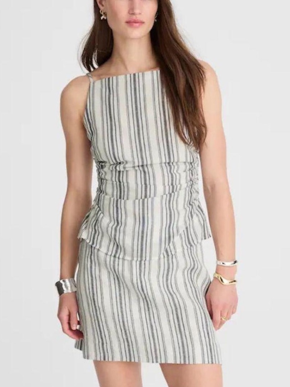 Ruched Squareneck Tank in Linen-Cotton Stripe - Picture 4 of 4